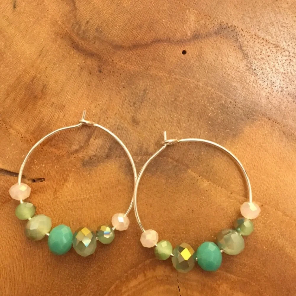 Mint + Pink Glass Bead Hoop Earrings
